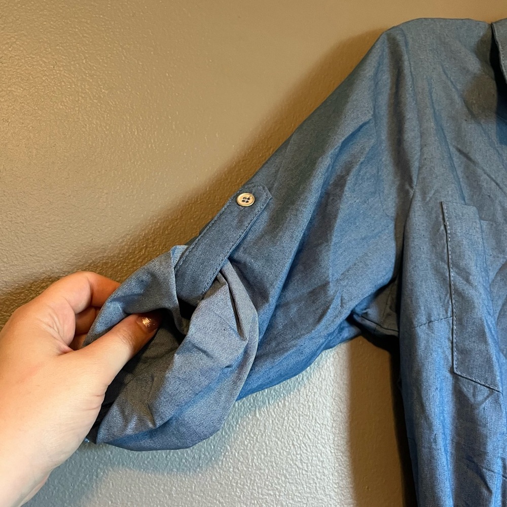 NWT NY Collection Sz Pet Large Blue Button Chambray Shirt Midi Dress Ret $59! - Picture 2 of 9
